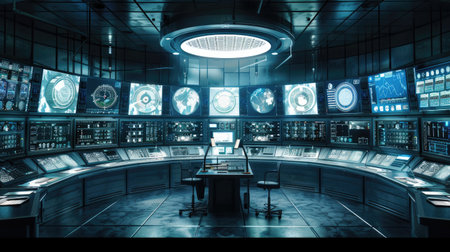 A high-tech control room with monitors and control panels, representing the integration of technology in industrial engineeringの素材