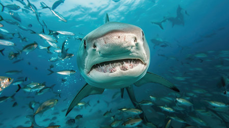 A tiger shark closing in on a school of fish, its sharp teeth ready for the chase against the deep blue sea backdropの素材