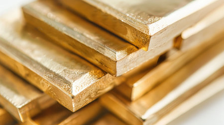 Close-up of the edges of gold bars stacked together on a white background, showcasing their precision and craftsmanshipの素材