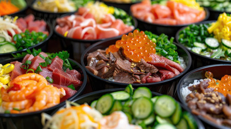 An array of colorful donburi bowls, each with different toppings like beef, seafood, and vegetablesの素材