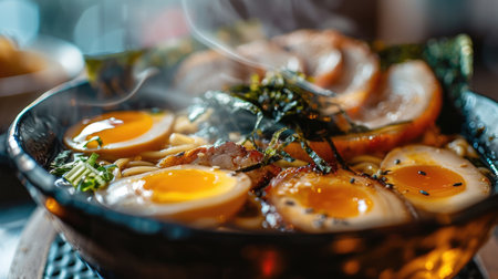 A close-up of a steaming hot bowl of miso ramen with slices of pork, seaweed, and a soft-boiled eggの素材