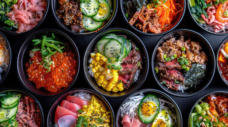 An array of colorful donburi bowls, each with different toppings like beef, seafood, and vegetablesの素材