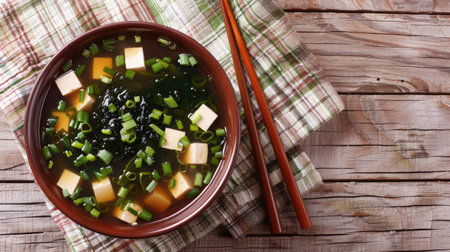 A mouth-watering bowl of miso soup with tofu cubes, seaweed, and green onions on a wooden tableの素材