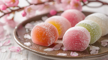 A set of colorful mochi desserts on a pastel-colored plate with cherry blossoms in the backgroundの素材