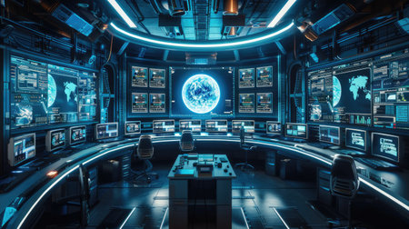 A high-tech control room with monitors and control panels, representing the integration of technology in industrial engineeringの素材