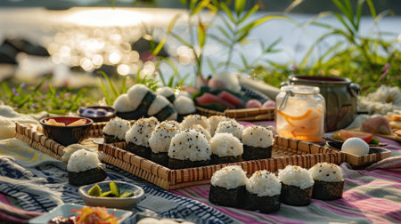 A scenic outdoor setting with a picnic blanket featuring onigiri rice balls and Japanese snacksの素材