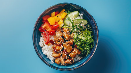 A vibrant donburi bowl filled with teriyaki chicken, vegetables, and rice on a minimalist backdropの素材