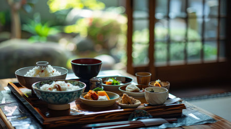 A serene tea house setting with a traditional Japanese meal spread featuring rice, soup, and side dishesの素材