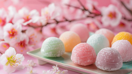 A set of colorful mochi desserts on a pastel-colored plate with cherry blossoms in the backgroundの素材