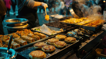 A selection of Japanese street food including taiyaki, yakisoba, and okonomiyaki at a bustling night marketの素材