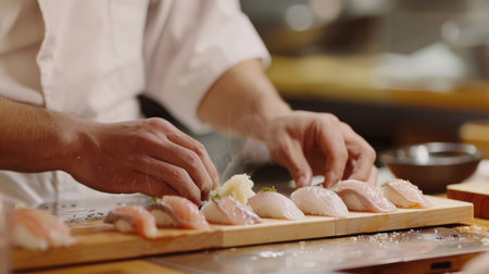 A detailed shot of a sushi chef preparing fresh nigiri with precision and careの素材