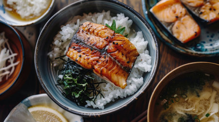 A picturesque serving of a traditional Japanese breakfast with rice, miso soup, and grilled fishの素材