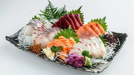 An elegant plate of sashimi with various fish cuts, garnished with daikon and shiso leavesの素材