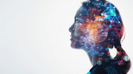 AI professional's side profile with double exposure of Bitcoin logo and colorful blockchain elements, on a clean white backgroundの素材