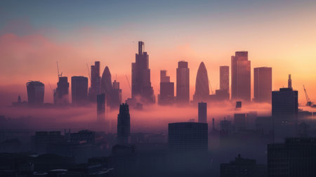 A dramatic city skyline silhouette at dawn, with skyscrapers and government buildings outlined against the morning skyの素材