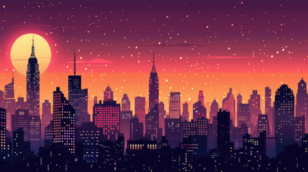 A city silhouette featuring diverse architecture, from towering skyscrapers to historic landmarks, capturing urban life at twilightの素材