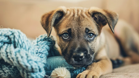 A disheartened pup sits with a toy, ears drooping, longing for play.の素材