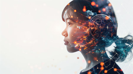 AI expert's side profile with double exposure effect, Bitcoin logo, and vibrant blockchain elements on a white backgroundの素材