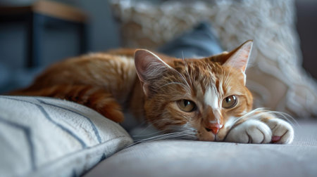 A crestfallen kitty rests on a cushion, paws tucked in dejection.の素材