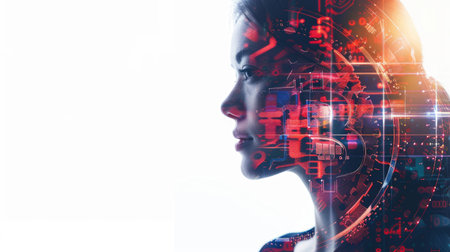 AI professional's side profile in double exposure, highlighting Bitcoin and blockchain technology in vibrant hues against white backgroundの素材