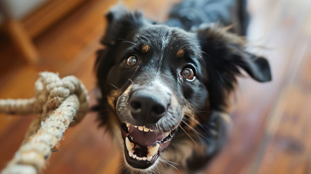 A happy dog tugs eagerly on a rope toy, eyes shining with playful determination.の素材