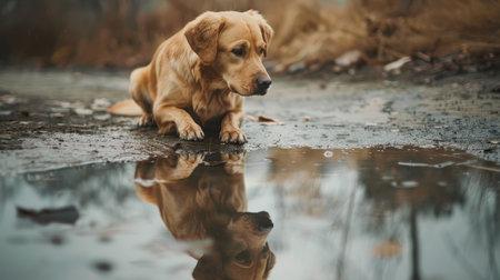 A sorrowful dog gazes at its reflection in a puddle, mirroring its sadness.の素材