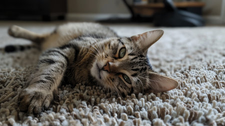 A contented tabby rolls playfully on the carpet, inviting cuddles and tickles.の素材
