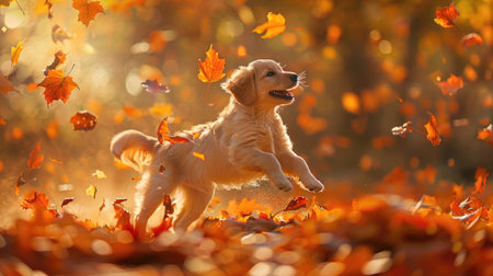 A joyful pup romps through autumn leaves, scattering them in a flurry of fun.の素材