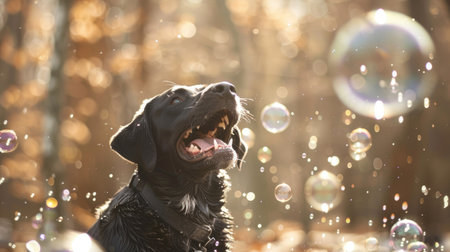 A delighted dog chases bubbles with reckless abandon, embodying pure canine bliss.の素材