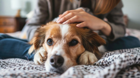 A dog owner carefully administers treatment to their recovering pet.の素材