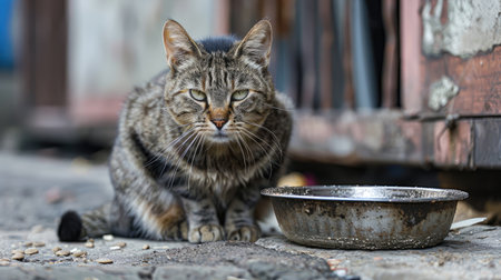 A desolate feline sits beside an empty food bowl, eyes pleading for attention.の素材