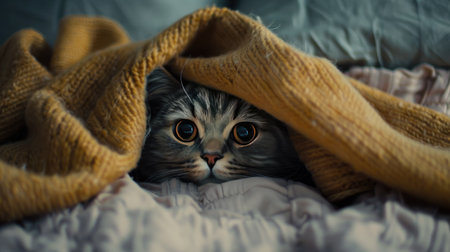 A dejected cat peers out from under a blanket, ears flattened in distress.の素材