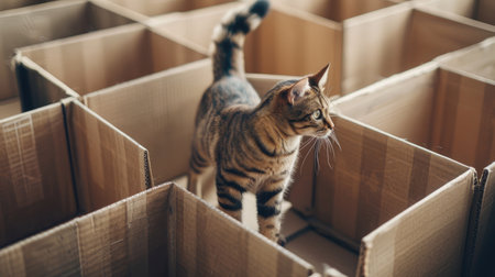 A curious cat explores a cardboard box maze, tail twitching with excitementの素材