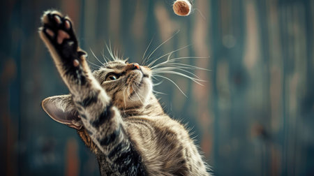 A joyful cat stretches out to bat at a dangling toy, embodying the essence of feline happiness.の素材