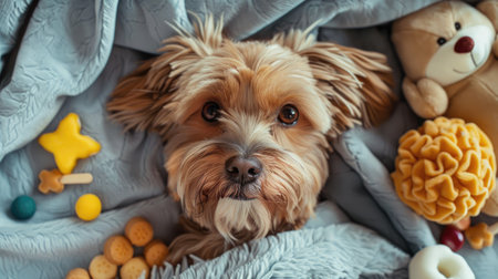 A sick dog lies on a soft blanket, surrounded by supportive toys and treats.の素材