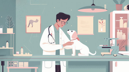 A veterinarian administers medicine to a patient pup with expertise.の素材