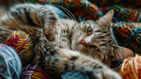 A contented kitty swats at a ball of yarn, lost in a world of feline fun.の素材