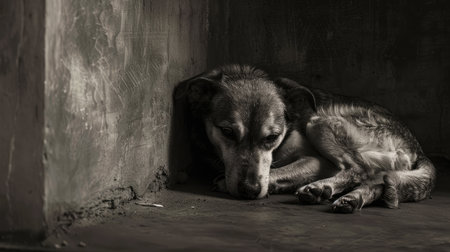 An unhappy canine curls up in a corner, seeking solace in solitude.の素材