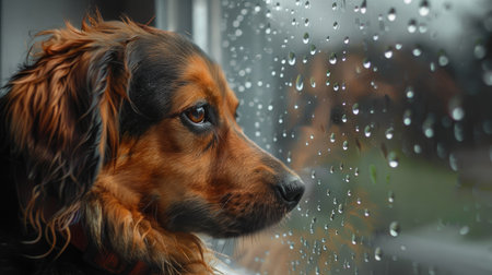 A sad dog stares out the window, raindrops mirroring its somber mood.の素材