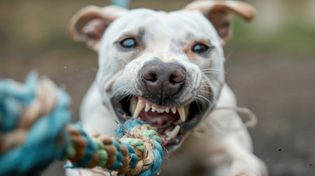 A happy dog tugs eagerly on a rope toy, eyes shining with playful determination.の素材