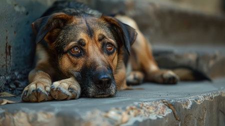 A dejected dog rests its head on its paws, eyes filled with sorrowful longing.の素材