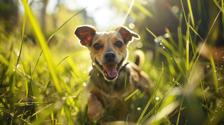 A playful canine bounds through tall grass, tongue lolling with excitement.の素材