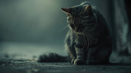 A mournful kitty sits alone, whiskers drooping with sorrow.の素材