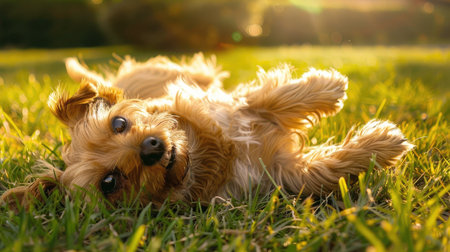 A playful dog rolls happily in the grass, reveling in the freedom of the outdoors.の素材
