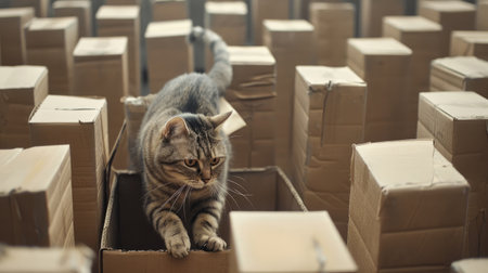 A curious cat explores a cardboard box maze, tail twitching with excitementの素材