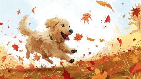 A joyful pup romps through autumn leaves, scattering them in a flurry of fun.の素材