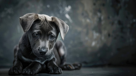 A mournful pup sits alone, ears drooping and tail tucked in sadness.の素材