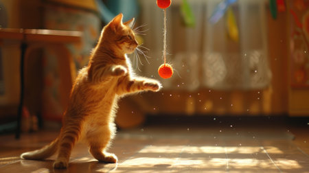 A joyful cat stretches out to bat at a dangling toy, embodying the essence of feline happiness.の素材