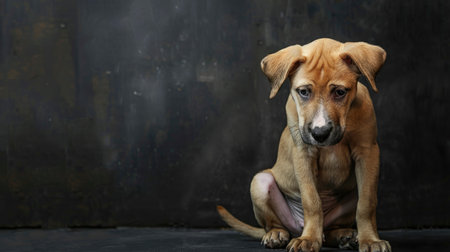 A mournful pup sits alone, ears drooping and tail tucked in sadness.の素材