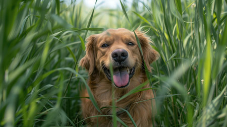 A playful canine bounds through tall grass, tongue lolling with excitement.の素材